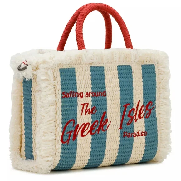 Patricia Nash Small Woven Striped Greek Isles Tote/Crossbody: Natural/Blue/Red - Picture 2 of 13